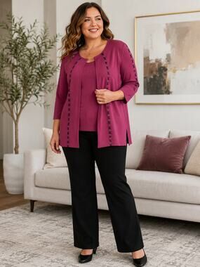 Misook Women’s L Magenta 2 Piece Knit Sweater Set Cardigan Tank Black Stitch